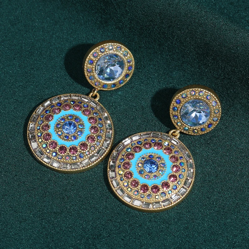 

Круглые винтажные серьги-подвески с синими кристаллами и разноцветными стразами для женщин, ювелирные украшения на годовщину, аксессуары с античным золотым покрытием