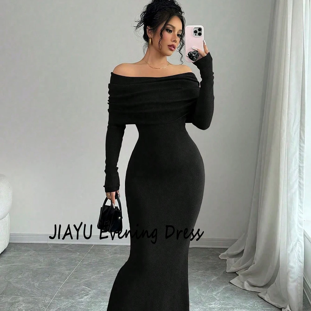 فستان سهرة رسمي من الجيرسيه برقبة قارب أسود مخصص مطوي وأكمام طويلة رداء حفلات بطول الكاحل حورية البحر فستان حفلة موسيقية للنساء