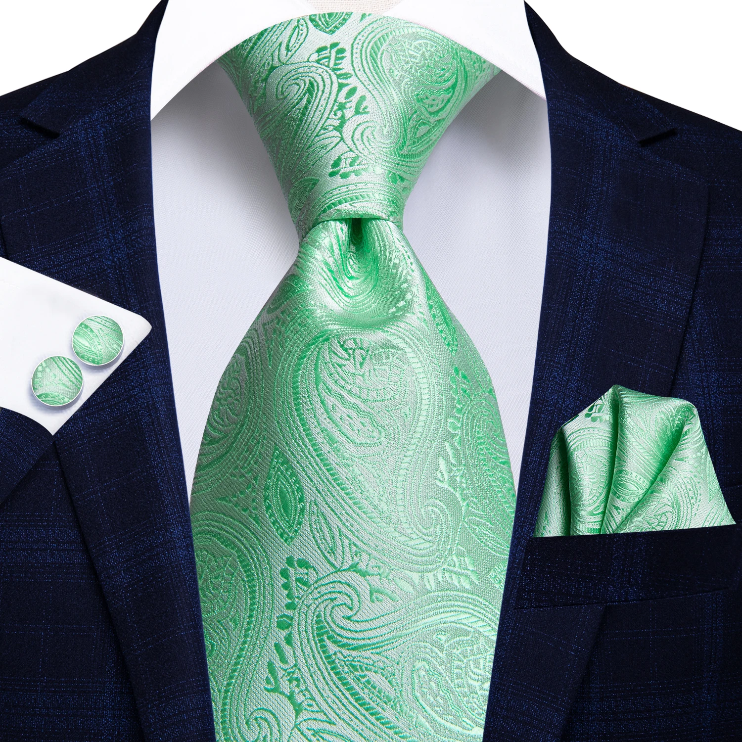 Hi-Tie Light blue Mint Pink Paisley Solid Men Wedding Tie Fashion Design Gift Necktie For Men Hanky Cufflink Business Party