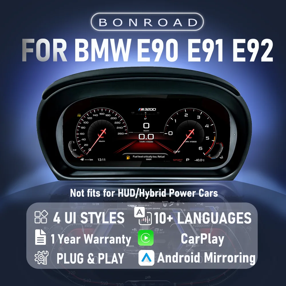

BONROAD 1920*720P Wireless CarPlay Android Auto Mirrorlink Airplay LCD Digital Dashboard Panel Cluster For BMW 3 Series E90 E91 E92 Car Auto Instrument Speedometer Virtuele Cockpit Voor
