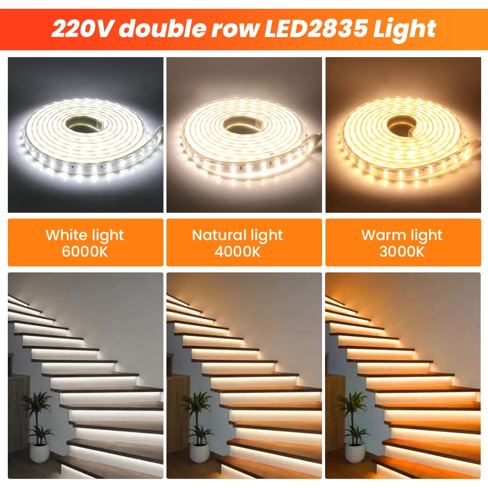 LED Strip Light 2835 High Safety 220V 120LEDs/m High Brightness LED Tape Light Home Outdoor Waterproof LED Strip Light + UK Plug