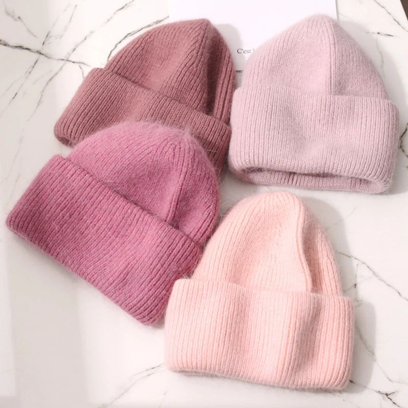 Winter Angola Rabbit Fur Knitted Beanies For Women Fashion Solid Warm Cashmere Wool Skullies Cap Female Three Fold Thick Hats