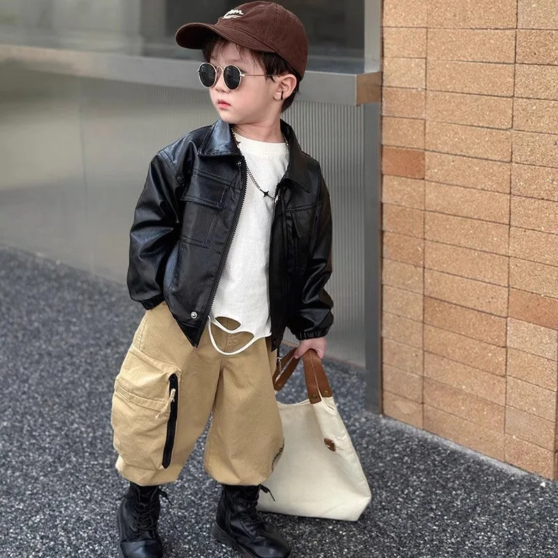 2025 Spring Autumn Boys' PU Leather Jacket Edgy Toddler Coat for Kids