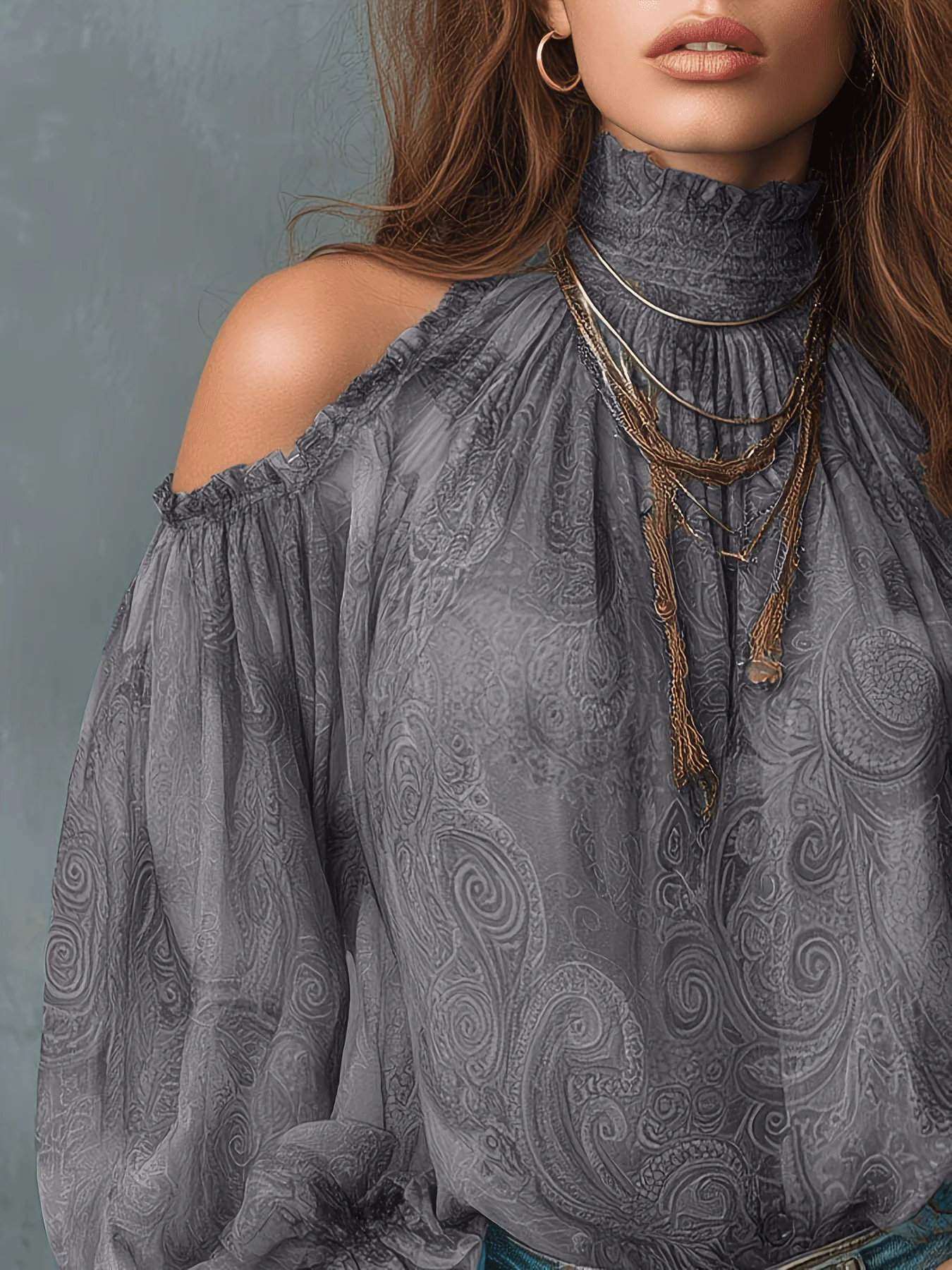 Boho Paisley-Print Chiffon-Top Damen Sexy Off-Shoulder Bluse mit Trompetenärmeln Retro 70er Fairycore Hemden – Detail 16
