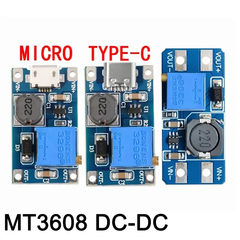 

1/3PCS MT3608 DC-DC Adjustable Boost Module 2A Boost Plate Step Up Module with/without MICRO USB 2V-24V to 5V 9V 12V 28V