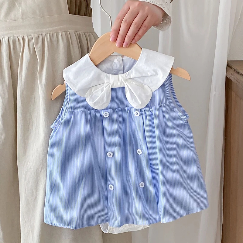 

New Summer Embroidery Sleeveless Striped Dress Cotton Infant Princess Dress Toddler Girls Clothes Baby Jumpsuit Kids Dress