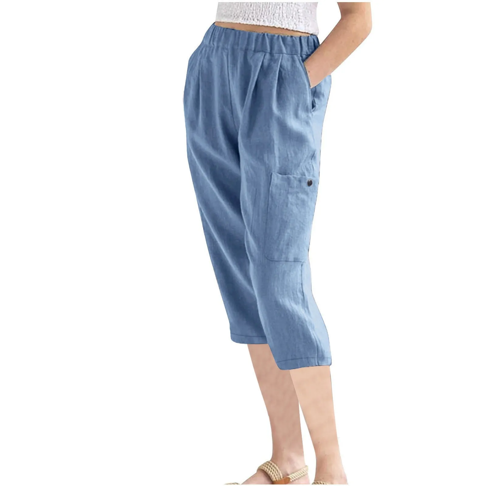 Fashion Cotton Linen Pockets Solid Color Pants Summer Loose Fitting High Waisted Cotton Linen Womens Casual Wide Leg Trousers