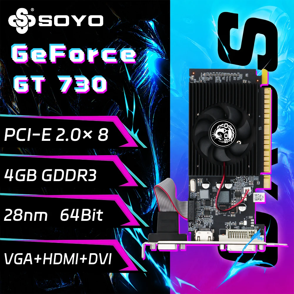 SOYO Graphics Cards NVIDIA GeForce GT 730 4G GDDR3 64bit HDMI*1 DVI*1 VGA*1 Video Card For Desktop Gaming Computer GPU GT 730