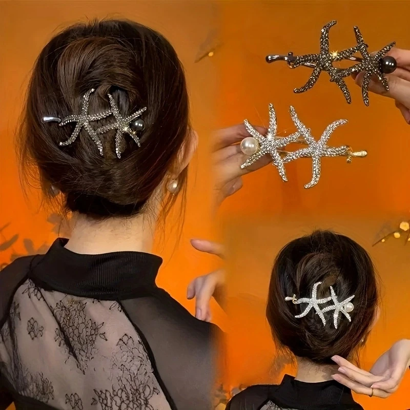 

1pc zinc alloy rhinestone starfish twist clip, elegant light luxury hair accessories, high-end exquisite imitation pearl headdre