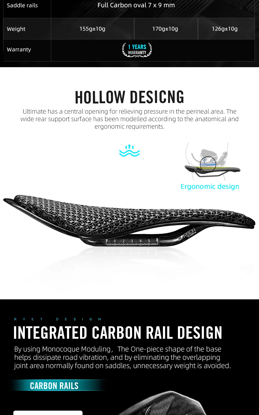 RYET Carbon 3D Gedruckt Fahrrad Sattel Super Licht Rennrad MTB Sitz Teile Racing 7x9mm Sitzkissen Radfahren fahrrad Zubehör – Detail 4