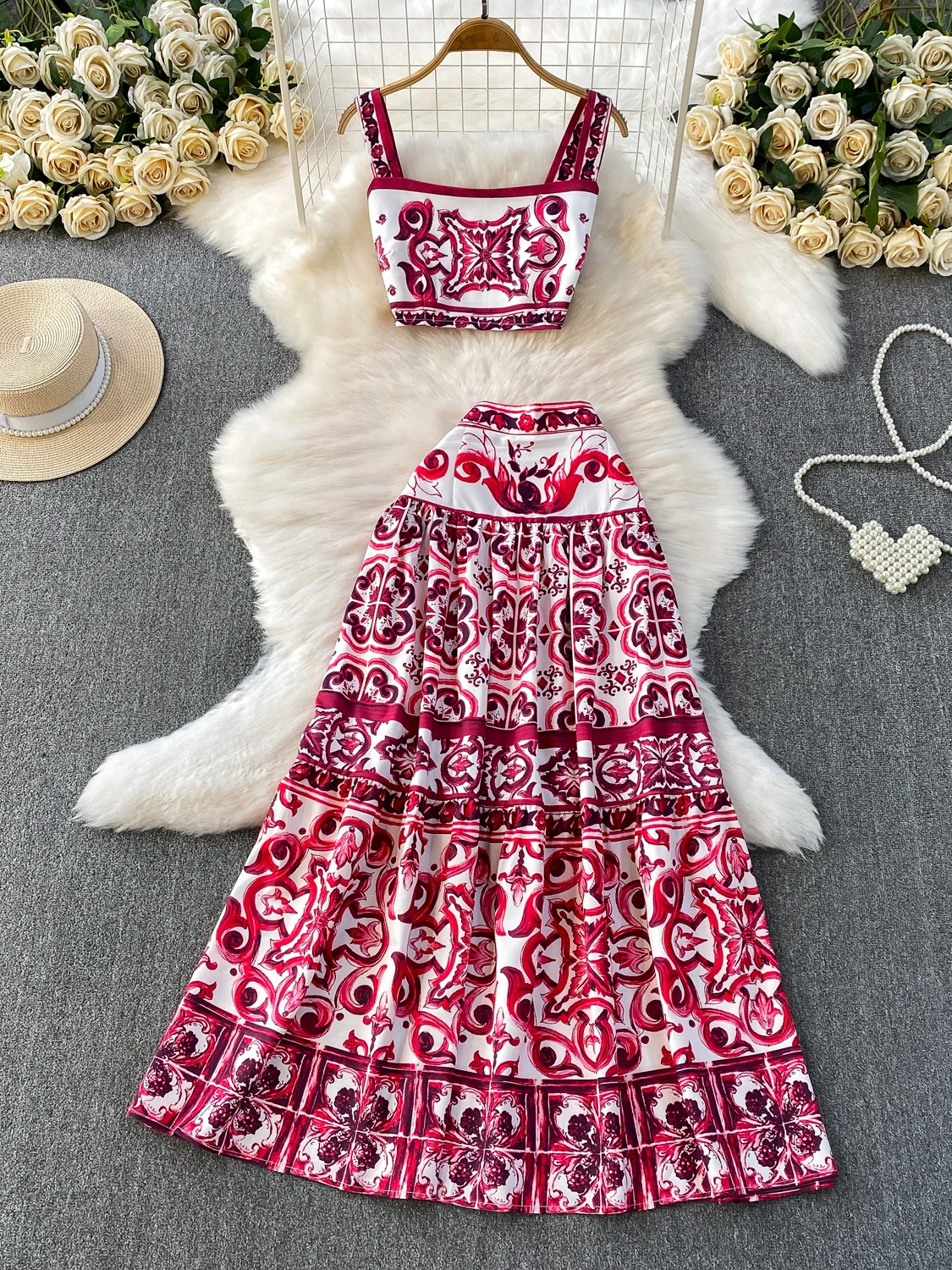 Fashionable Short High Waist Slim Fit Print Square Collar Vest Top Set with Midi Skirt Anti-Wrinkle Summer Casual Outfit