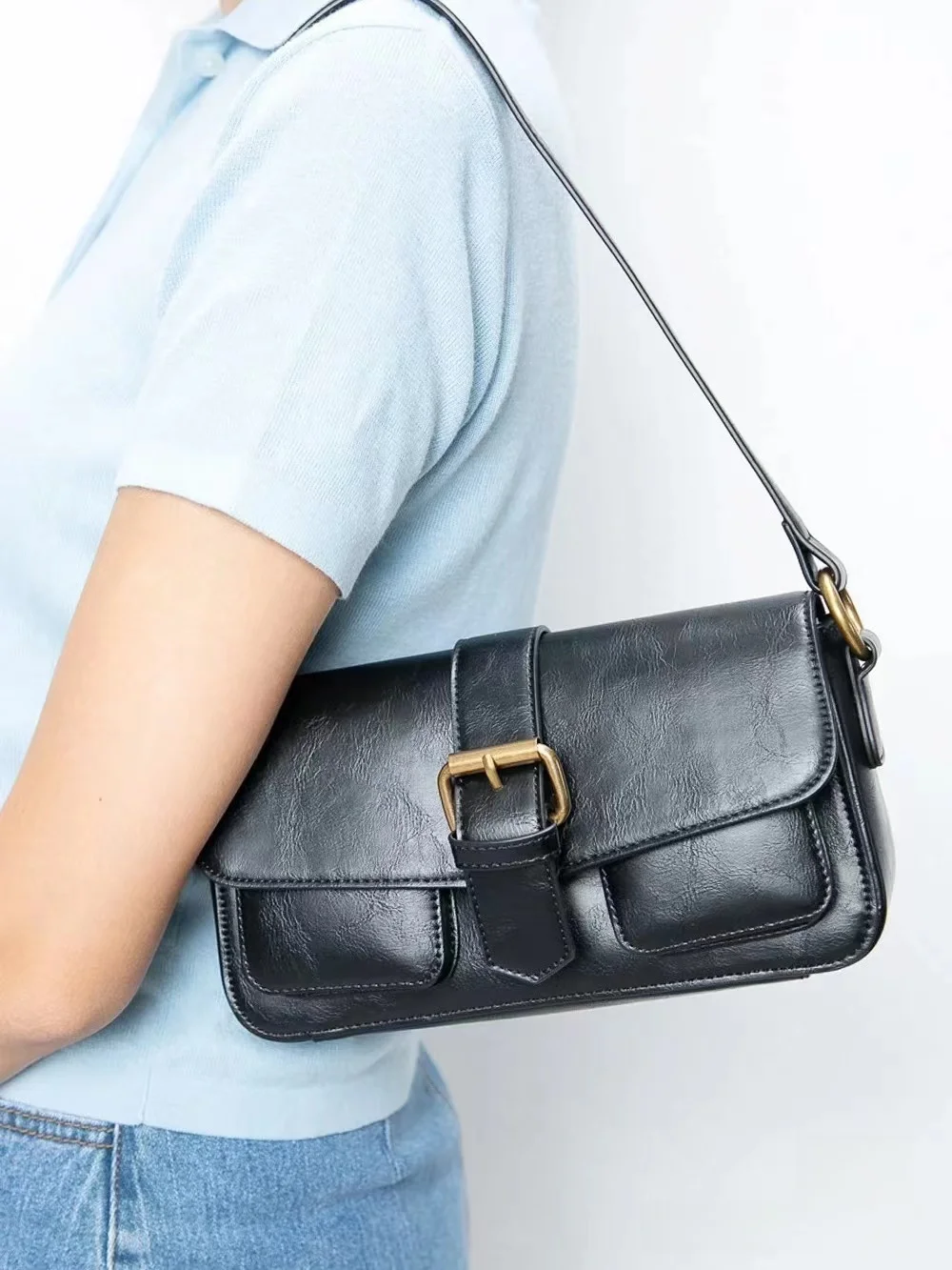 

BrandyMelville Retro Single oulder Bag Women's Flip Bule Bag Casual Cotton Soft PU Leather Handbag