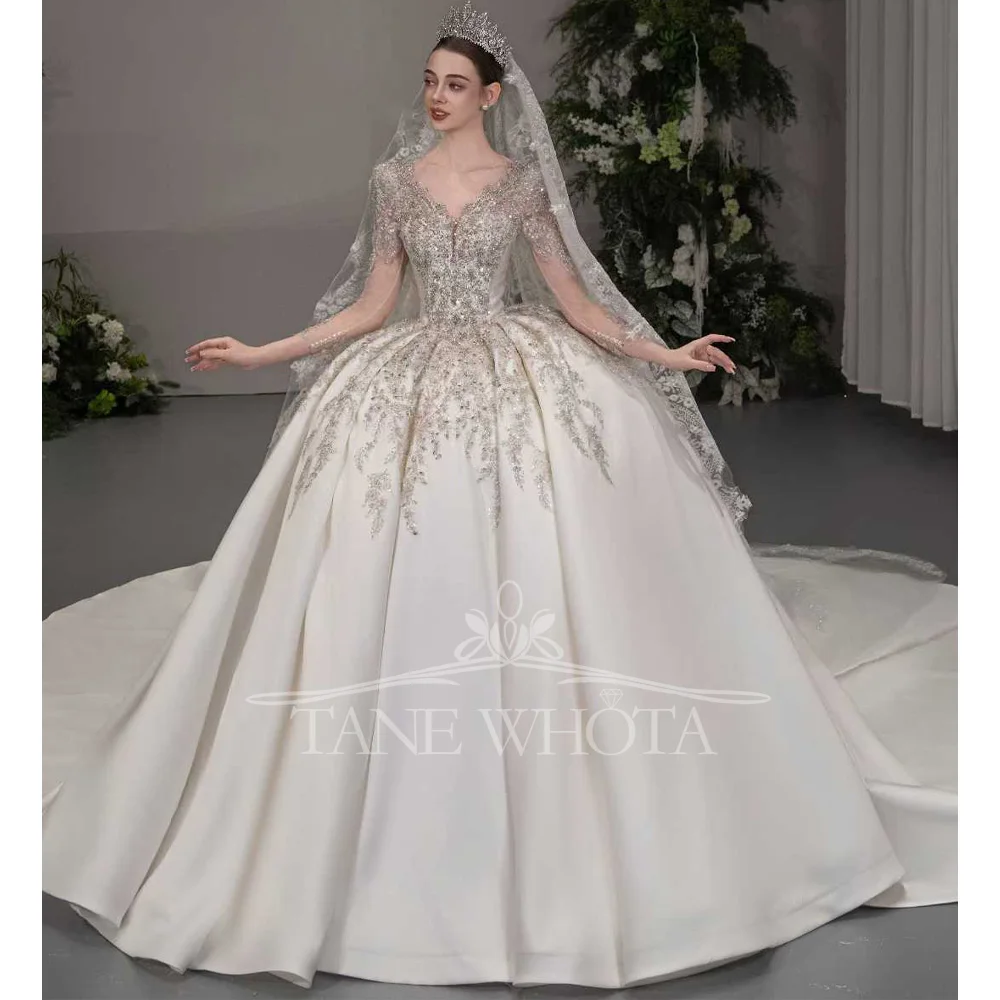 

Luxury V-Neck Long Sleeves Beaded Sequined Ball Gown Wedding Dress Customizable Elegant Vestido De Noiva