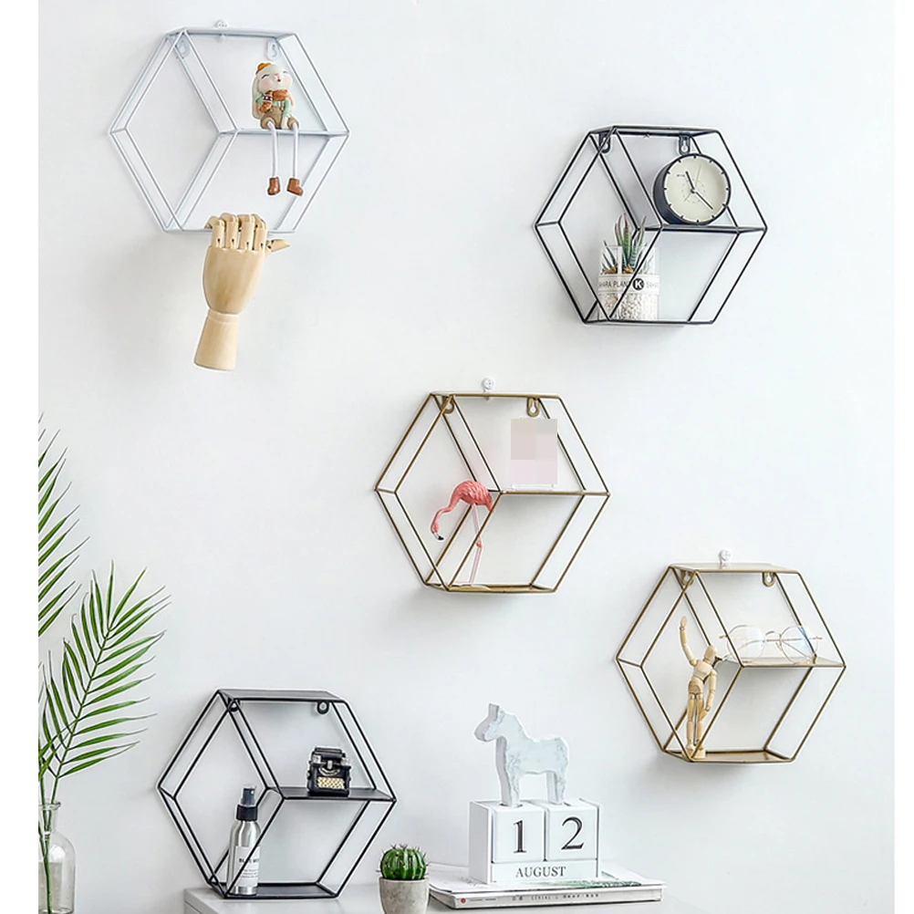 

Wall Mount Storage Rack 2 Layer Wrought Iron Hexagon Shaped Shelf Book Plant Display Home Decor Balcony Cafe Garden