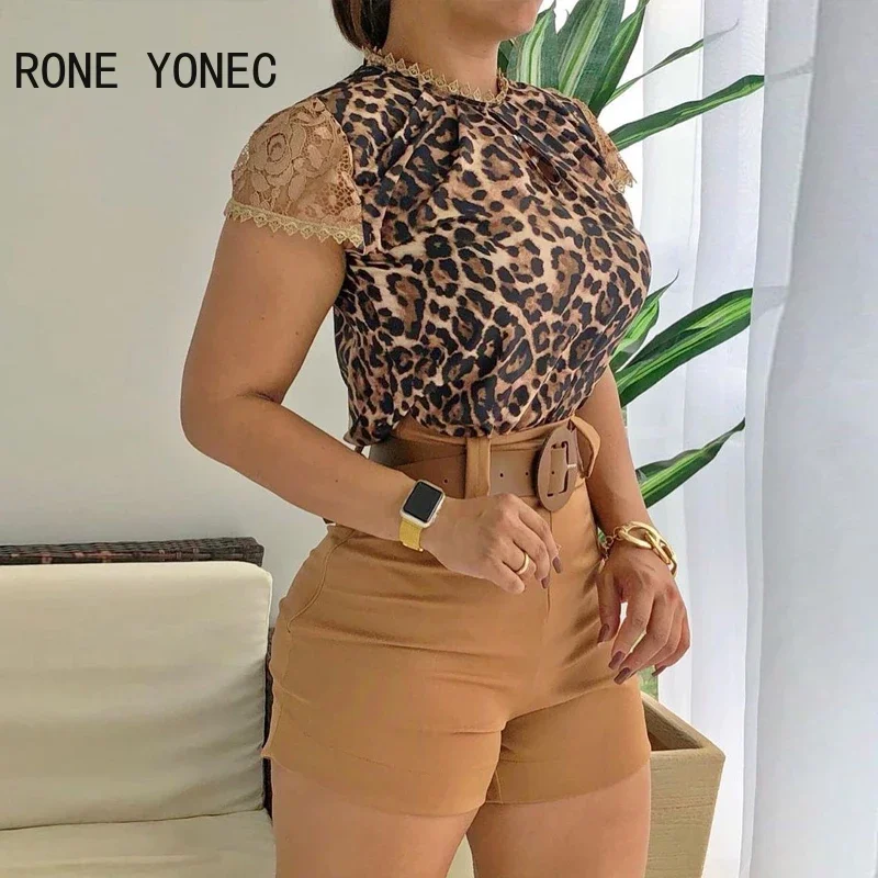 Conjunto informal y pantalones cortos de manga corta con estampado de leopardo para mujer, traje elegante con abertura en forma de cerradura y encaje, para vacaciones, 2021