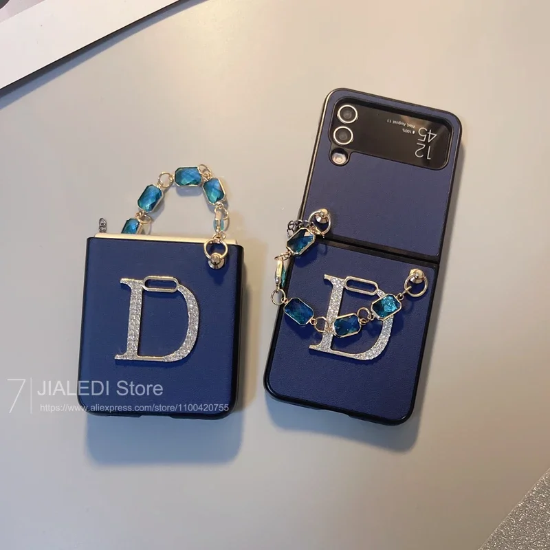 Modna bransoletka z diamentami, skórzane etui na telefon Samsung Galaxy Z Flip 6 5 4 3 z łańcuszkiem.