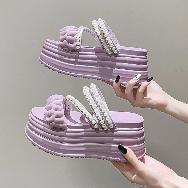 9CM Summer Casual High Platform Sandals Women Buckle Strap Slippers Thick Bottom Pearl Sandalias Woman Chunky Beach Shoes Mujer