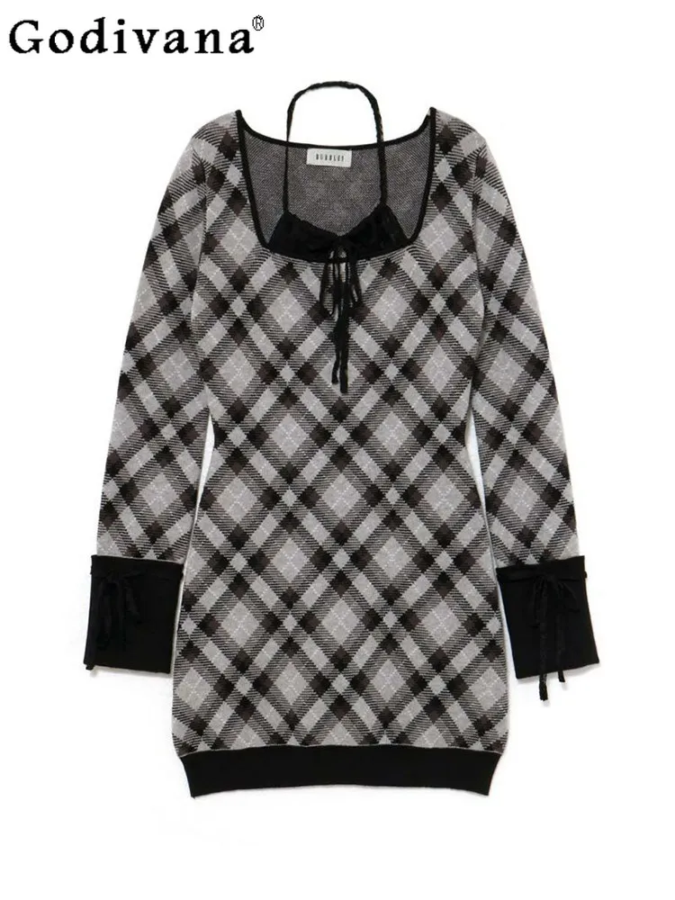 

Japanese-style sweet lace halter neck plaid off-shoulder slim-fit long-sleeve dress 2026 spring new versatile women's dress