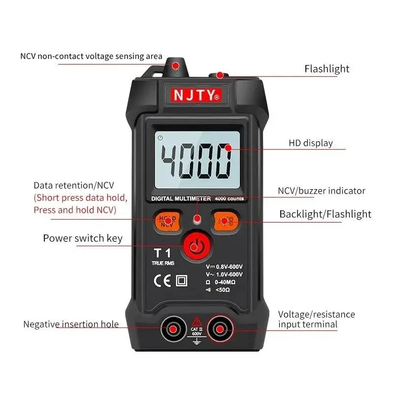 Smart Mini Digital Multimeter Tester RMS 4000 Counter Automatic Range Test Voltage Continuity Resistance NCV Household