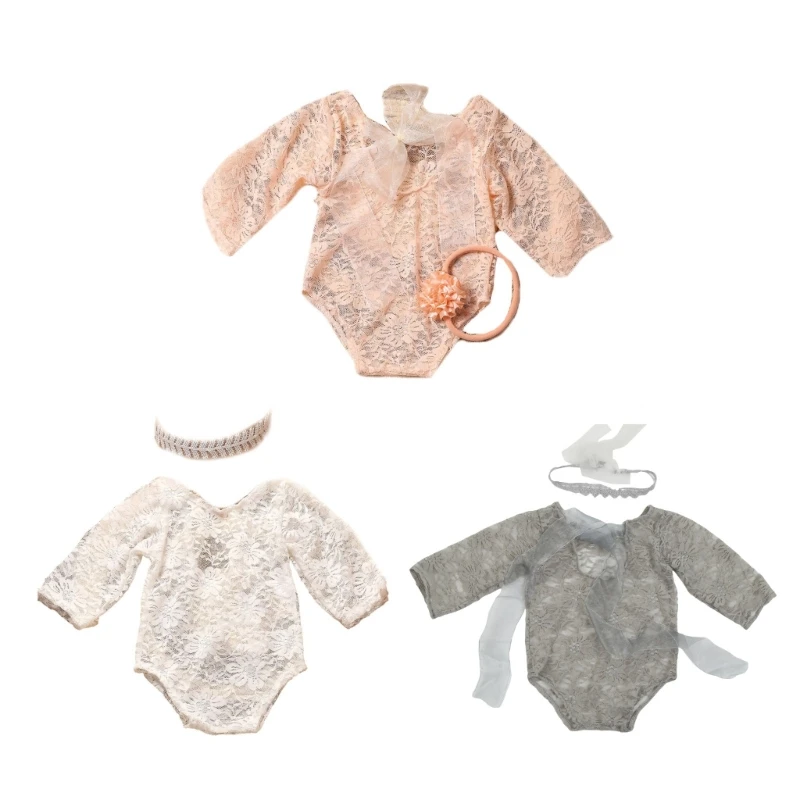 

Baby Lace Romper with Headband Newborn Photography Props Backless Mesh Bodysuit for Baby Photoshoot Infant Outfit Set 40JC