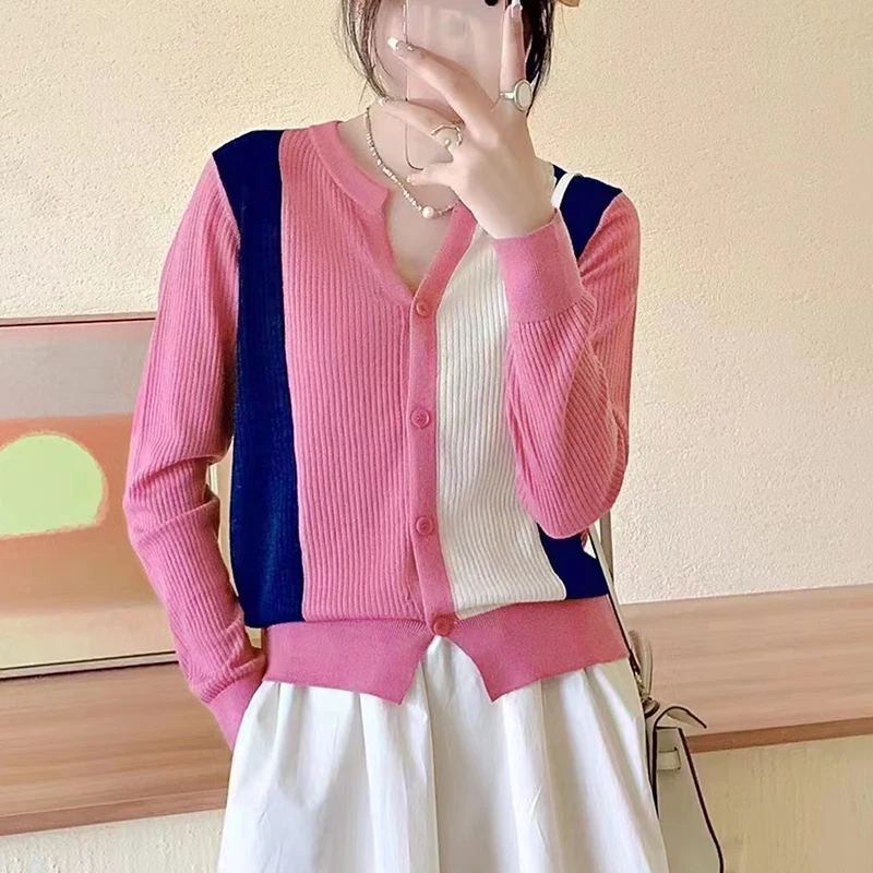 V Neck Cardigan Sweater Women 2023 Spring Autumn Contrast Color Long Sleeve Knitted Tops Female Korean Style Clothes Pull Femme