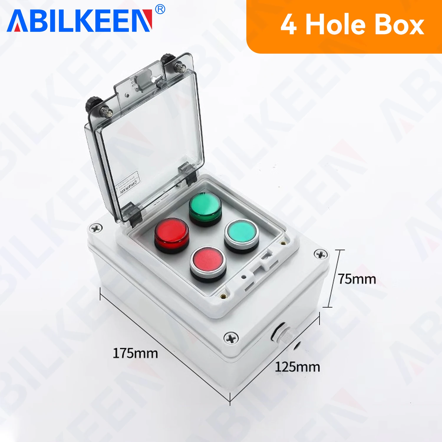 ABILKEEN IP67 Outdoor Waterproof Push Button 4 Hole Junction Box with LA38 Momentary Push Button Switch and AD16-22 Pilot Lamp