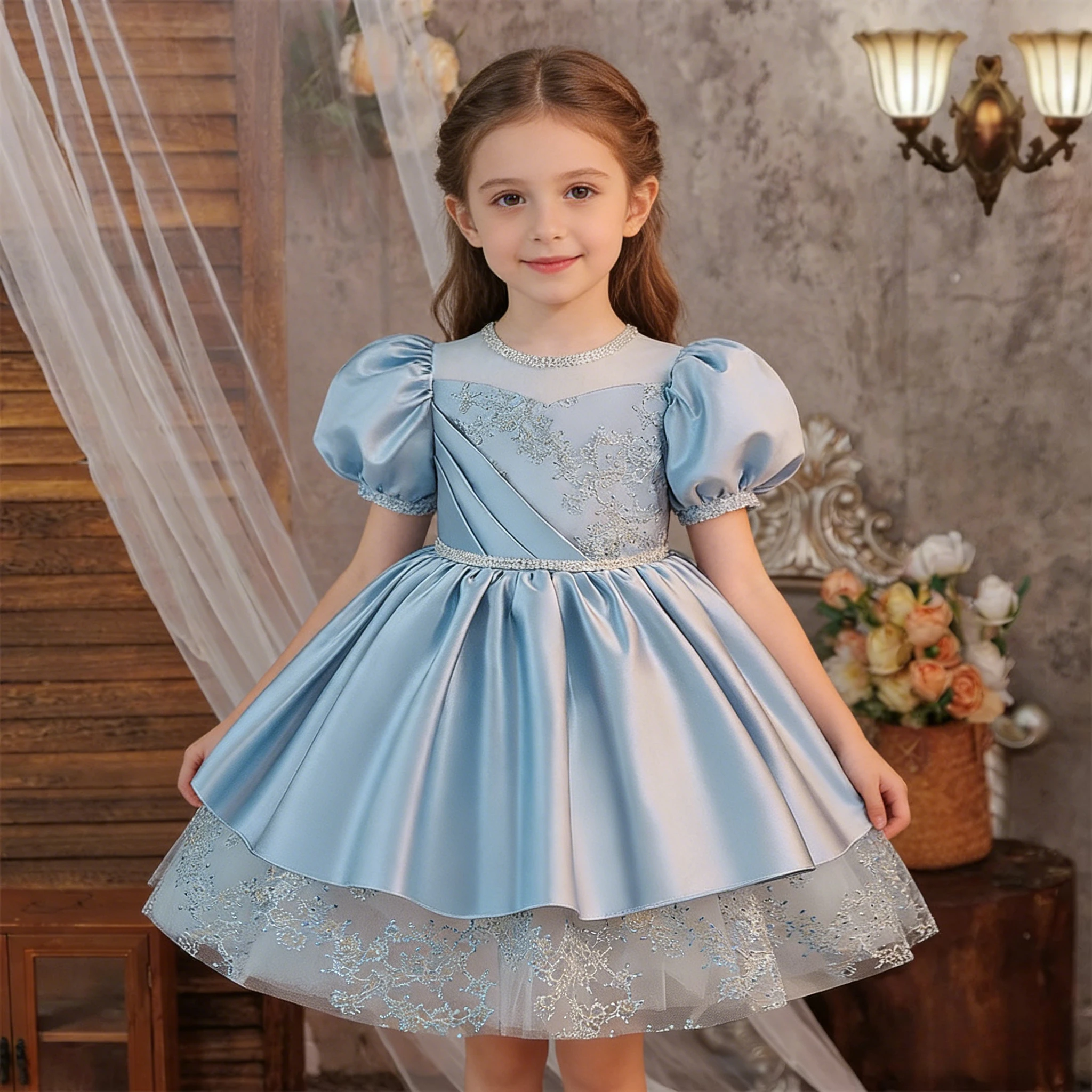 Neues Mädchen-Prinzessinnen-Geburtstagskleid in Blau, Kinderkleid mit Puffärmeln, Besticktes Satin-Hochzeitskleid, Kleines Mädchen Klavier- und Moderatorinnen-Kostüm ASQ03