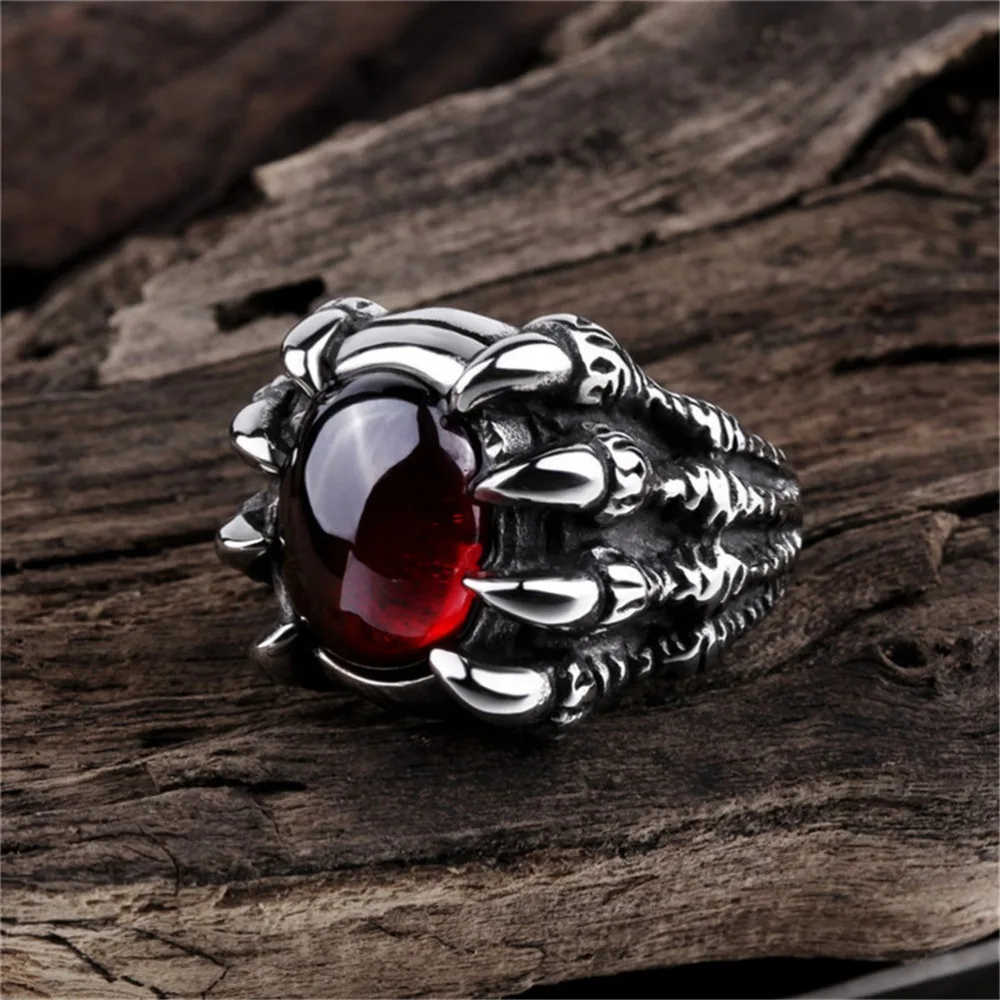 Fashionable and Simple Lobster Claw Eyes Retro Gothic Big Black and Red Zircon Men's Ring Trendy Brand Niche Party Jewelry Gift