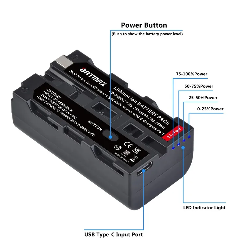 2800mAh USB-C Charging Port NP F550 Battery for NP-F Battery LED Video Light Camera Light Panel Lamp Photography