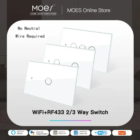 MOES WiFi Smart Light Switch RF433 No Neutral Wire Single Fire Smart Life Tuya App Control Works with Alexa Google Home 110/220V