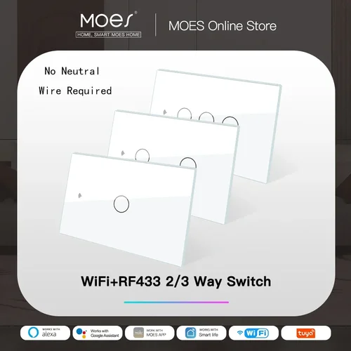 MOES-interruptor de luz inteligente WiFi RF433, sin cable neutro, Control por aplicación Smart Life, Tuya, funciona con Alexa y Google Home, 110/220V