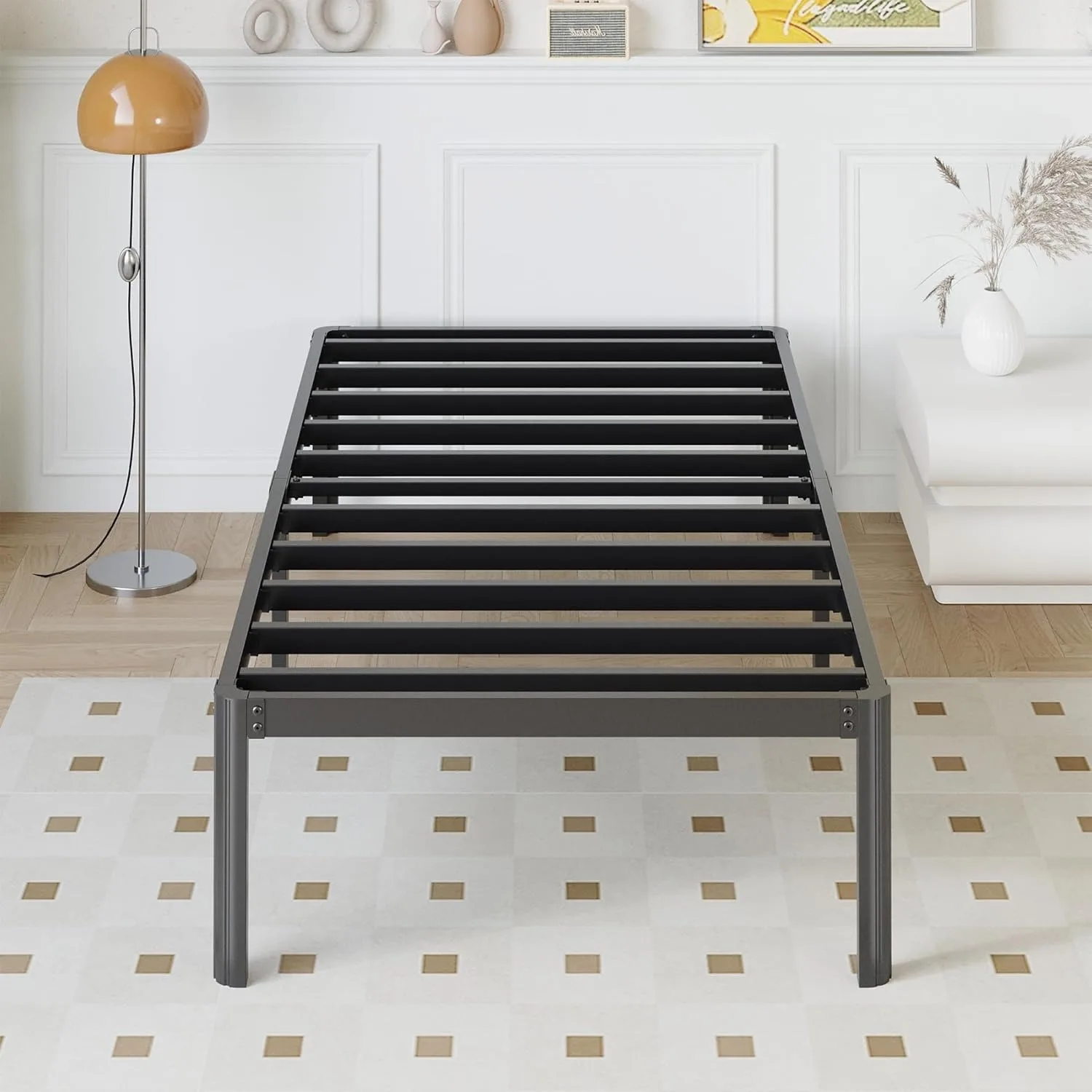 

14 inch double bed frame with rounded legs heavy-duty platform bimetallic bed frame, easy to assemble, noise free, black.