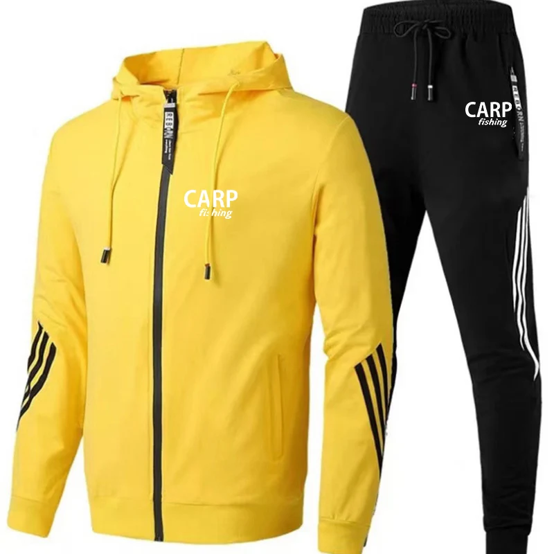 Carp Fishing 2024 Spring and Autumn New Leisure Sports Men's Fashion Printed Hooded Zipper Sweater Sportpant Two Piece Set