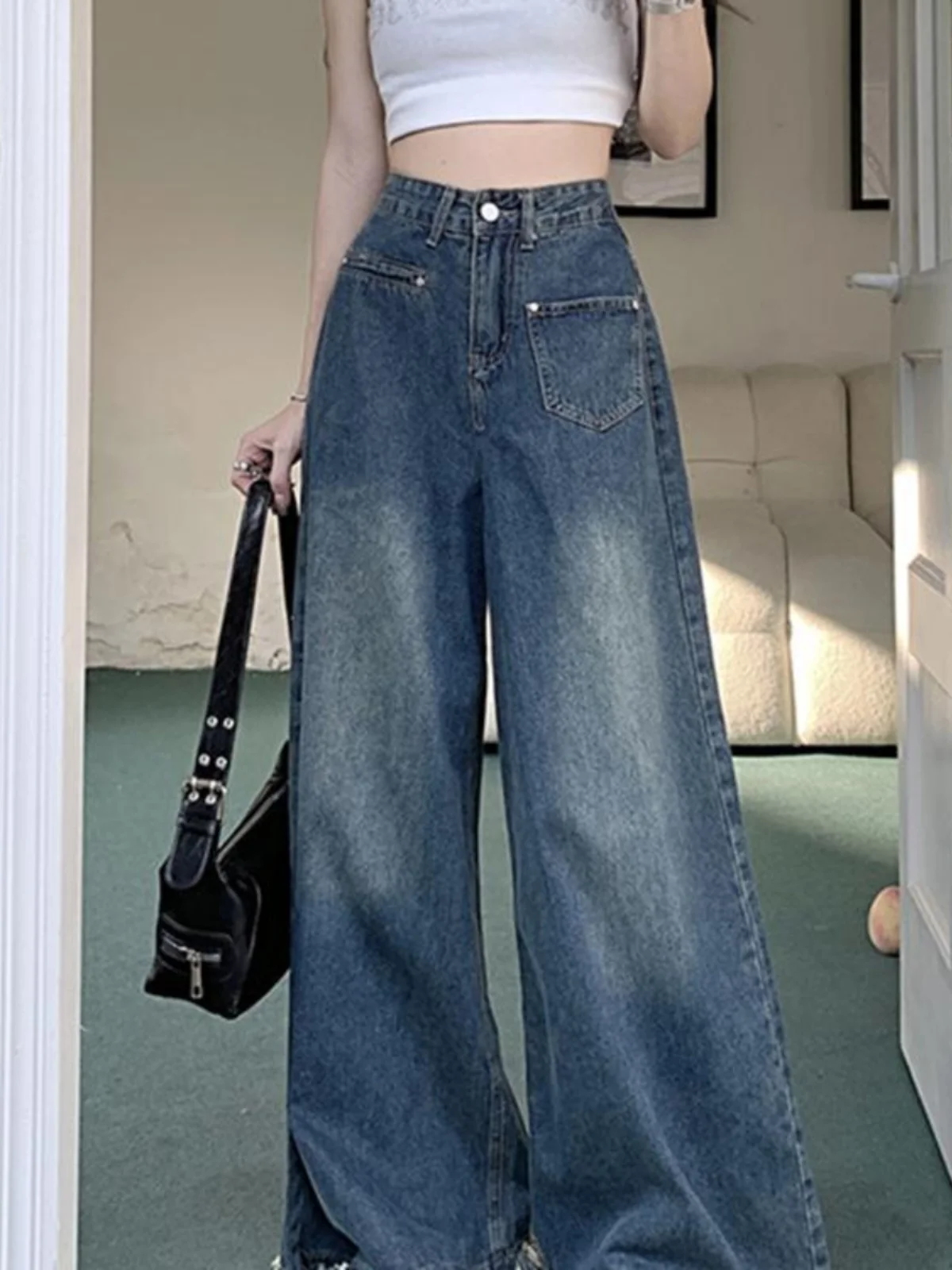 Retro High Waist Wide Leg Jeans Women's New Sle Large Size Slimming Design Sensation Long Pants Dra Sensation Frayed 