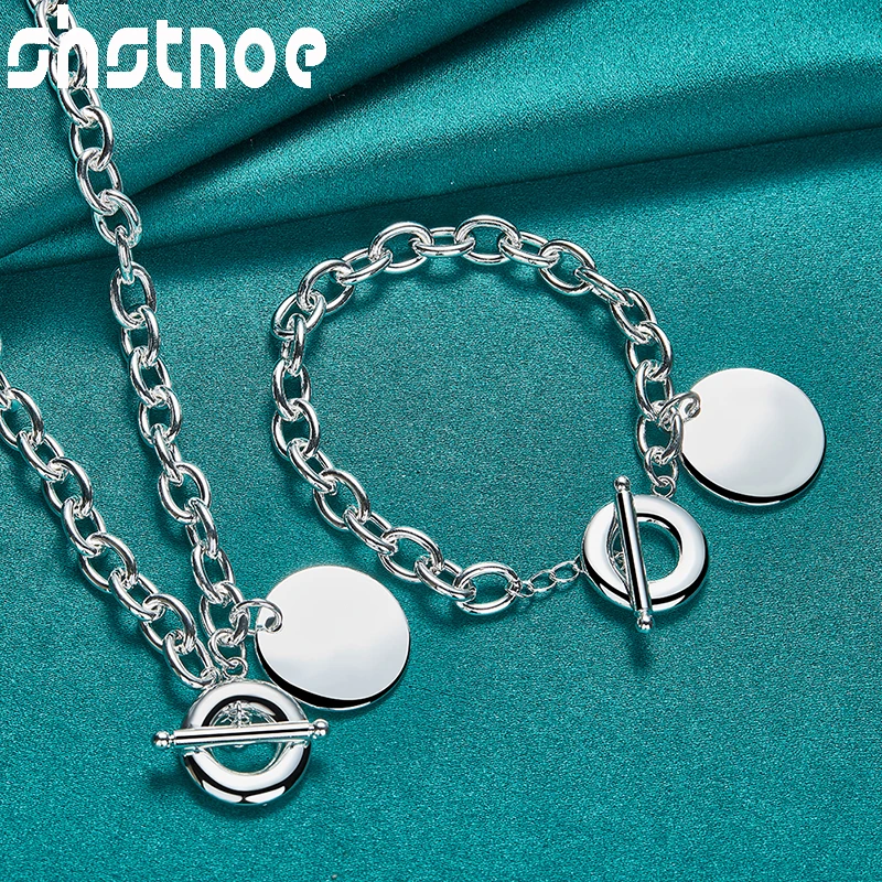 

SHSTONE 2pcs 925 Sterling Silver Round Label Chain Necklace Bracelets High Quality Jewelry Sets For Woman Christmas Valentine's