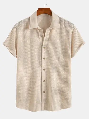 Imagen 1 del producto Camisa frontal con botones texturizados para hombre, Top informal holgado con cuello de manga corta para verano, ropa de moda para hombre para uso diario