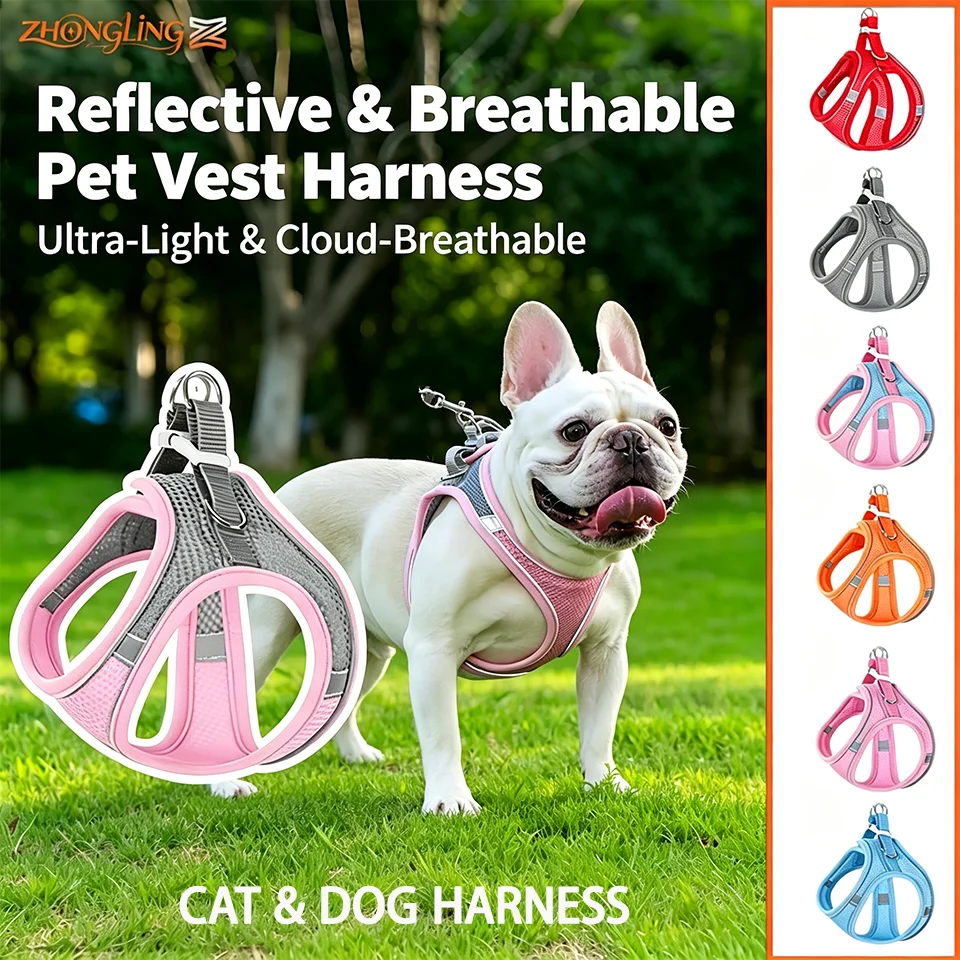 Adjustable Reflective Escape-Proof Pet Vest Harness Set, Breathable Step-In for Cats & Dogs, No Choke Comfort
