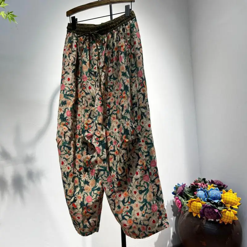 

Новинка 2025 года, весна-лето, женские свободные длинные брюки с эластичной резинкой на талии, хорошее качество, льняные винтажные шаровары с цветочным принтом B0434