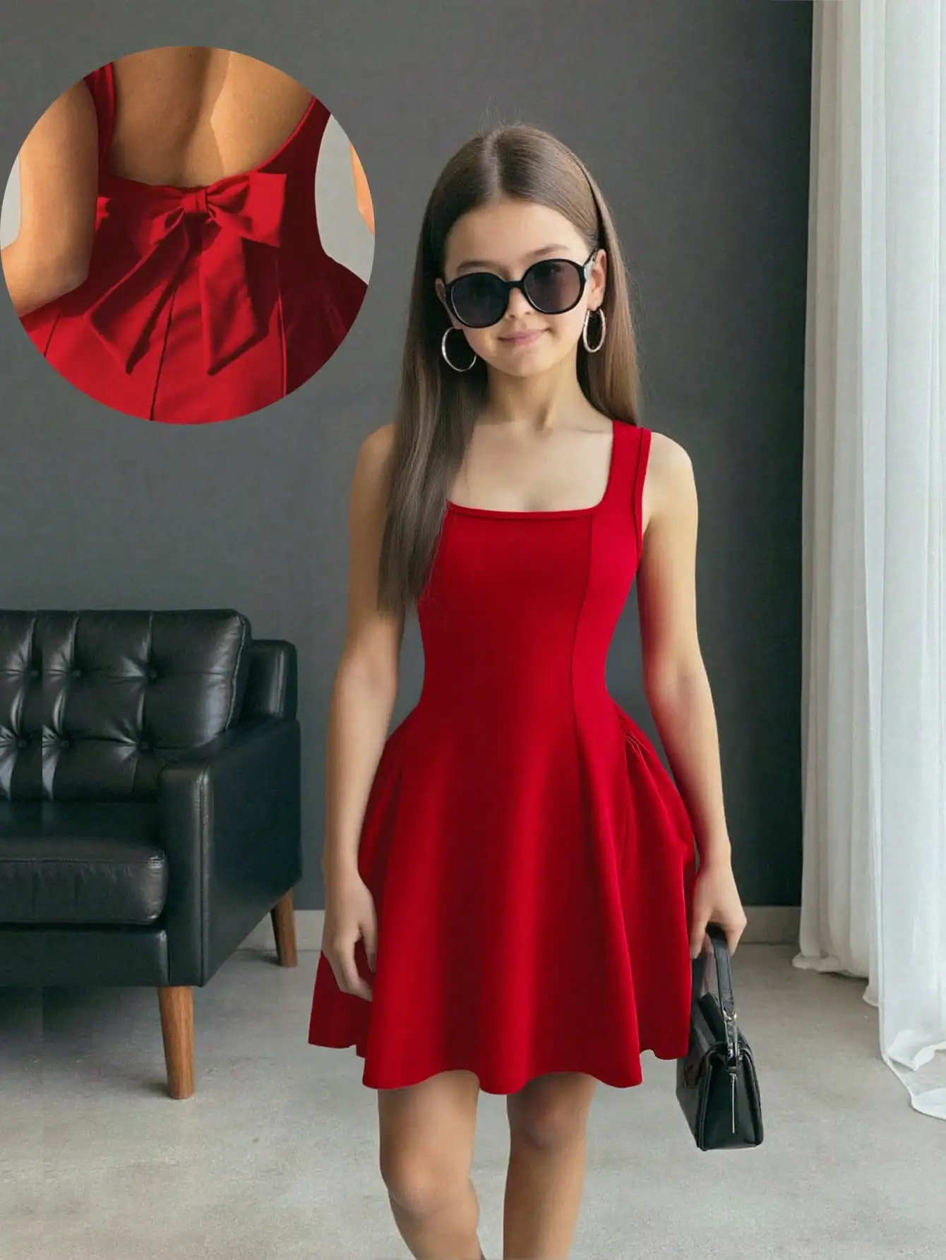 

Красное платье А-силуэта с квадратным вырезом для девочек с бантом на спине