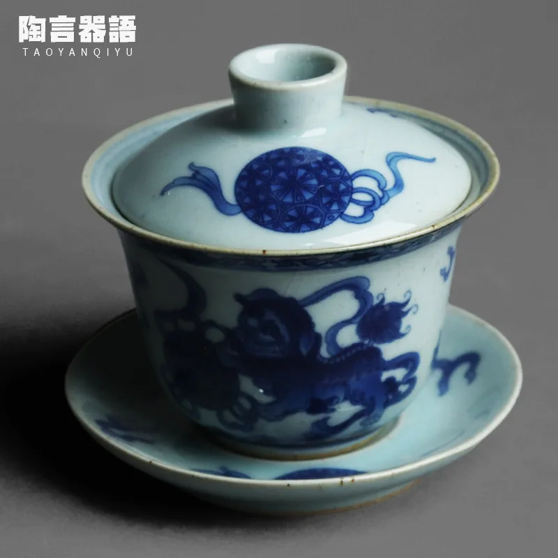 Grass, gray, blue and white lion playing ball cover bowl handmade retro pottery personality kung fu tea ceremony wide mouth tea