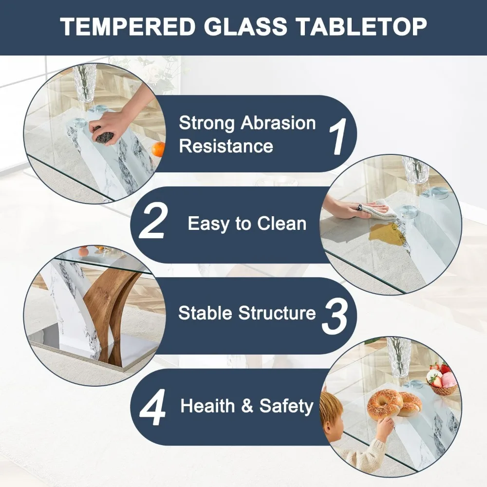 Ensemble de table à manger en verre avec pied de bricolage, table de cuisine avec 6 chaises blanches, dessus en verre du Guatemala, ensembles de table de salle à manger modernes