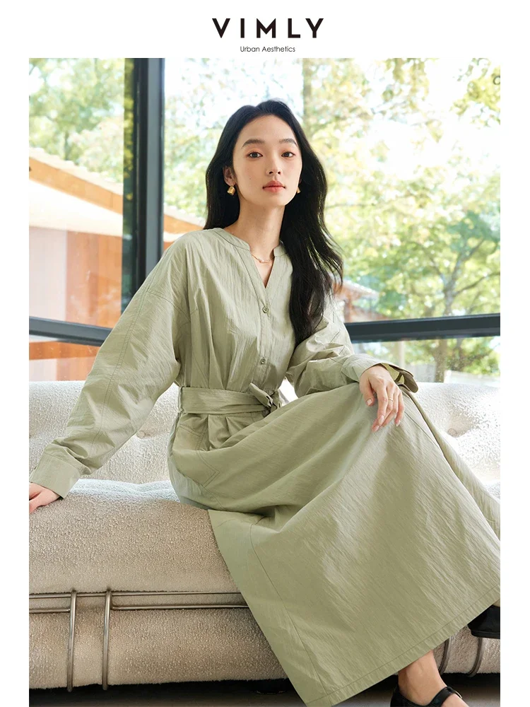 VIMLY Women Fashion Simple Solid V-Neck Shirt Style Long Dress Autumn Chic Female Casual Office Lady Straight Dresses With Belt