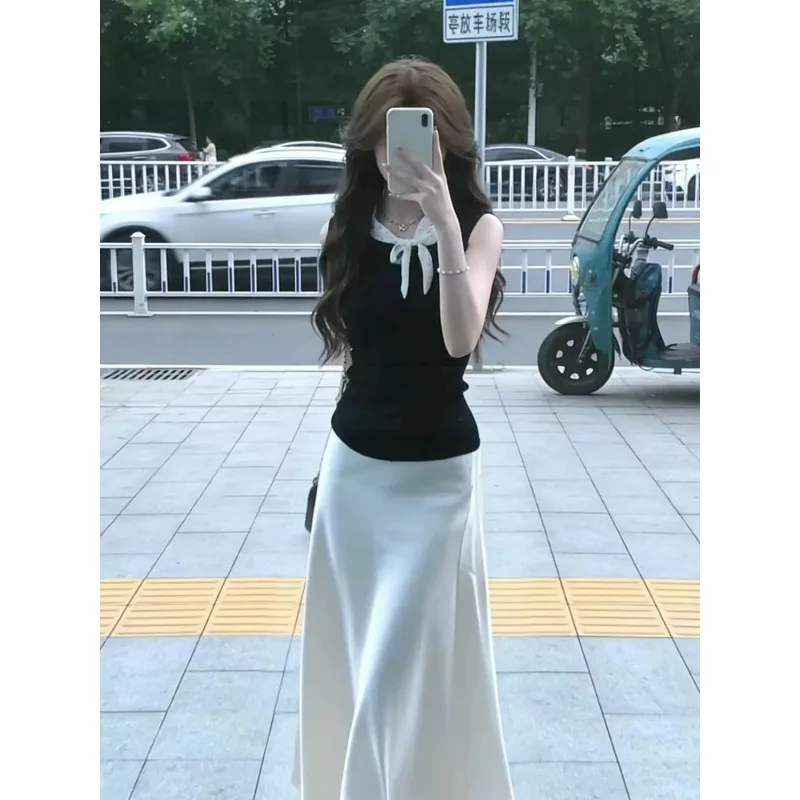 Polka Dot Tie Collar Sleeveless Top Acetate Satin Mermaid Maxi Skirt Two Piece Set