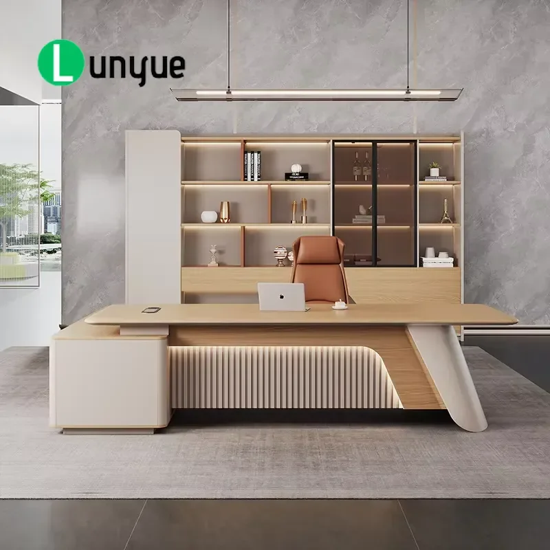 Executive Office Desk and Chair Set Luxury Thickened Vacuum Formed Wood with Drawers High End Texture
