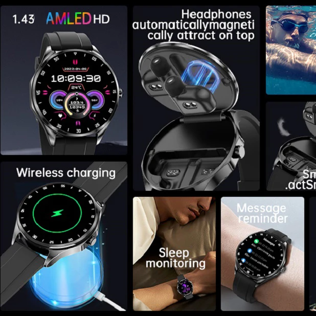 TWS Noise Reduction Headset 2 In 1 Smart Watch NFC Heart Rate Sports Waterproof Headphone Watches Blue Tooth Call Smartwatch