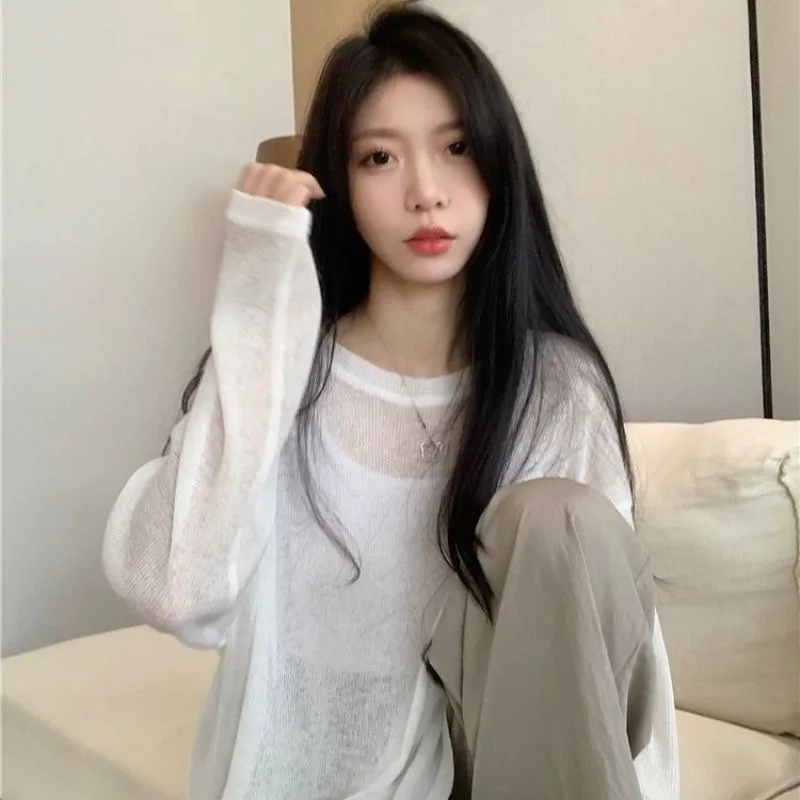 T-shirt sottile a maniche lunghe da donna, ampia, casual, elegante, con protezione solare, camicia base alla moda, girocollo, colore puro, pendolari, Harajuku