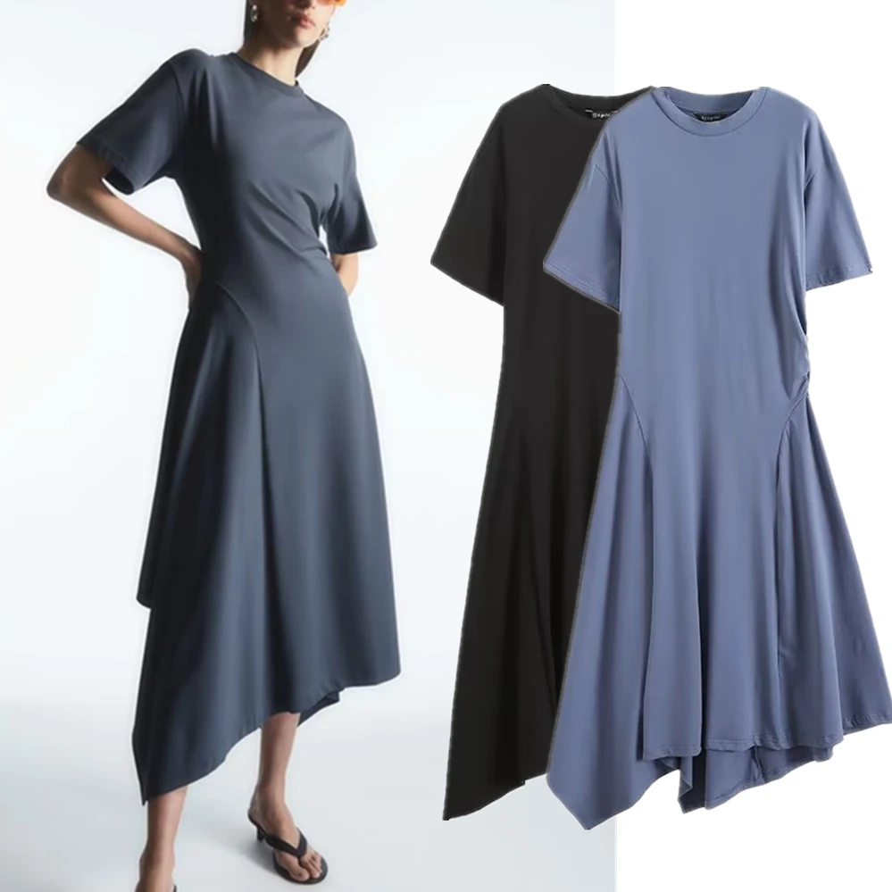 

Maxdutti British Blogger Midi Dress Simple Splicing Slim Fashion Cotton Round Neck Summer Dress For Women