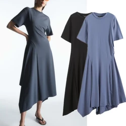 Maxdutti British Blogger Midi Dress Simple Splicing Slim Fashion Cotton Round Neck Summer Dress For Women