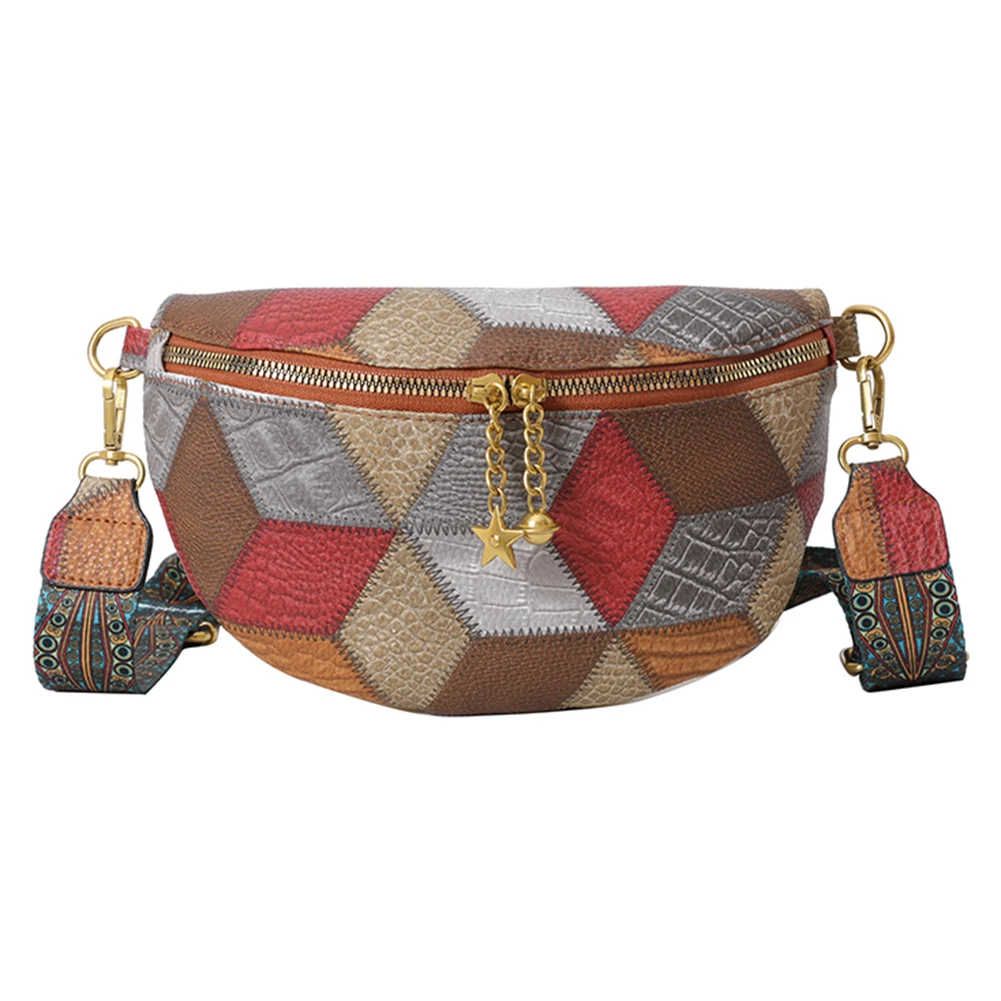 Patchwork Retro Crossbody Bag para Mulheres, Pacote de Cintura Casual Feminino, Bloco de Cor, Alça Larga, Estética Multiuso