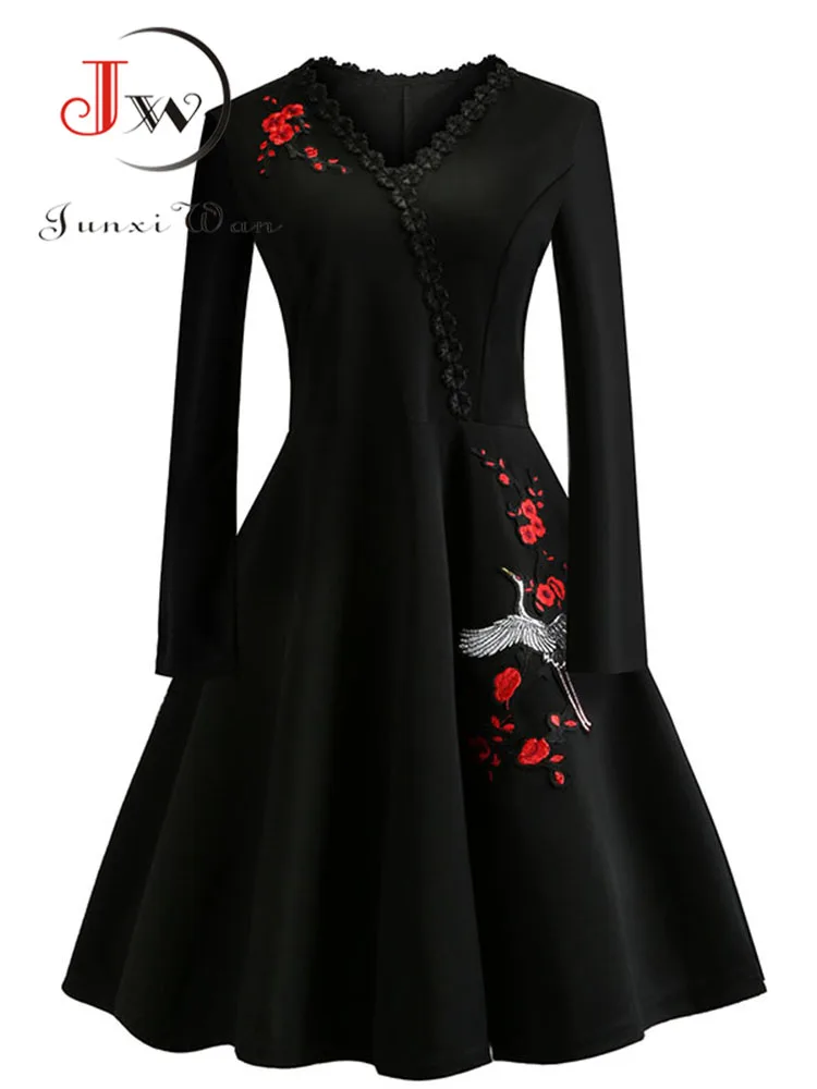 

Women Embroidery Vintage Dress Black Elegant Bodycon Party Dresses Long Sleeve Casual Autumn Winter Vestidos